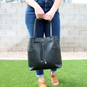 Black Leather Tory Burch Block T Bucket Purse